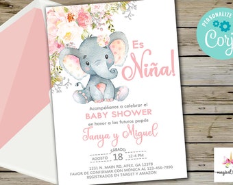 Pink elephant baby shower invitation, boho girl invite, pink blush flowers elephant, digital printable corjl editable, spanish español, niña