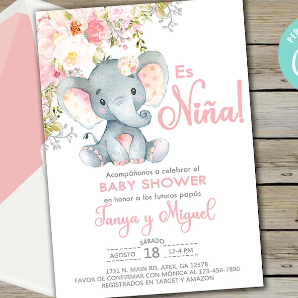 Pink elephant baby shower invitation, boho girl invite, pink blush flowers elephant, digital printable corjl editable, spanish español, niña