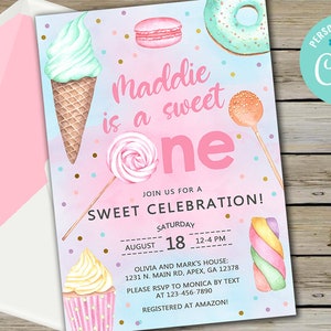 Candy shes a sweet one 1st birthday invitation, ... is a sweet One, girl 1st first birthday invite, digital printable, corjl editable.
