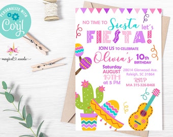 No time to siesta, lets fiesta, girl birthday invitation, girl birthday invite, fiesta invitation, corjl digital printable, pink girl fiesta