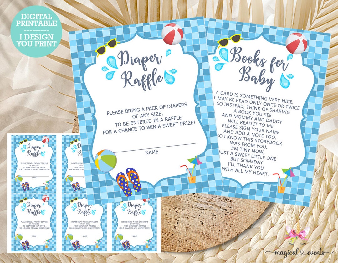 Pool Summer Baby Shower Diaper Raffle and Books for Baby Cards, Pool ...