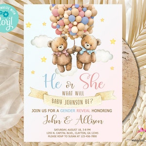 Bären rosa blaue Luftballons, Gender Reveal Einladung, er oder sie, wir können Bären warten, Bären und Luftballons, digital printable, corjl editable.
