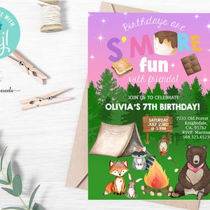 Woodland animals girl birthday invitation, camping & smores girl birthday invite, digital printable, tent bear fox raccoon, corjl editable.