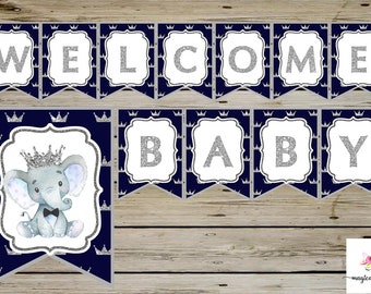 Banner digital de baby shower príncipe elefante, favores de baby shower, favor, tema príncipe elefante, imprimible digital, banner de ducha personalizado.
