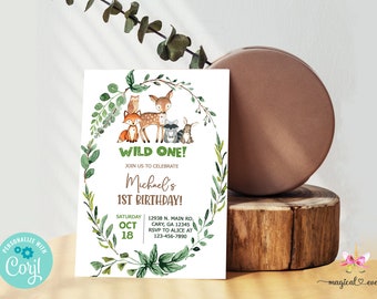 Woodland animals boy birthday invitation, woodland birthday invite, corjl digital printable, wild one boy invitation, deer fox raccoon owl.