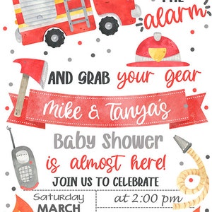 Może przedstawiać: Czerwono-biały w&oacute;z strażacki z drabiną i hełmem strażackim. Na zaproszeniu widnieje tekst "SOUND THE alarm AND GRAB your gear Mike & Tanya's Baby Shower is almost here!" Zaproszenie zawiera r&oacute;wnież datę i godzinę wydarzenia, a także lokalizację: "Saturday MARCH 28 at 2:00 pm OPEN DOOR BAPTIST CHURCH 15341 NC HWY 1 NW WILMINGTON, NC RSVP TO LEILANI CALL OR TEXT 910-635-1431"