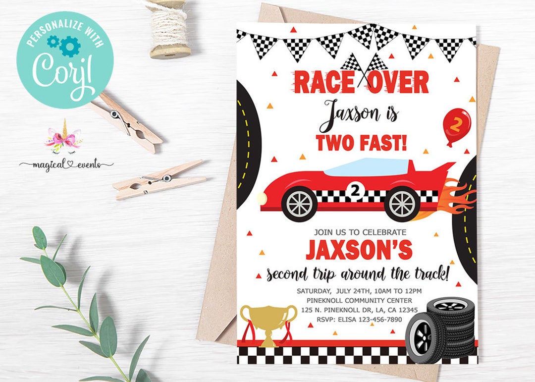 Race Car Boy Birthday Invitation, TWO FAST Boy Birthday Invite, Digital