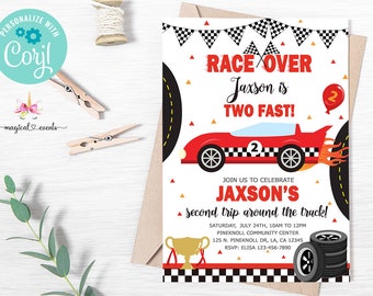 Invitación de cumpleaños para niño de auto de carrera, invitación de cumpleaños para niño DOS RÁPIDOS, imprimible digital, auto de carrera rojo, carrera en el segundo viaje alrededor de la pista.