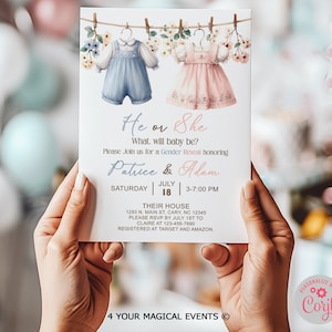 Clothesline Gender Reveal invitation, Clothes Line Gender Reveal invite, blue pink baby clothes, clothes pins, corjl digital printable.