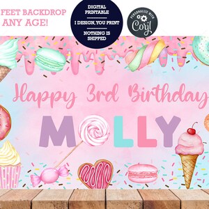 May include: A pink and blue birthday backdrop with a sprinkle pattern. The text "Happy 3rd Birthday MOLLY" is written in a colorful font. The backdrop features various sweets, including donuts, cupcakes, ice cream cones, and candy.
