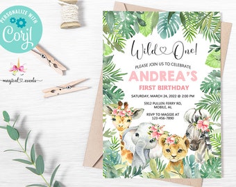 Safari Wild One birthday invitation, girl invite safari animals pink flowers tropical leaves, digital printable, first 1st birthday, corjl.