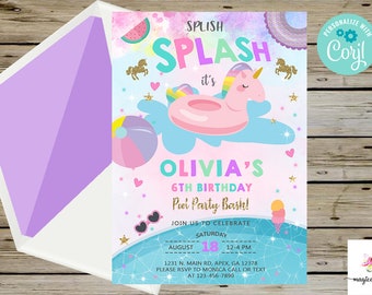 Pool party bash birthday invitation, splish splash summer invite, unicorn face, digital printable, unicorn pool birthday, corjl editable.