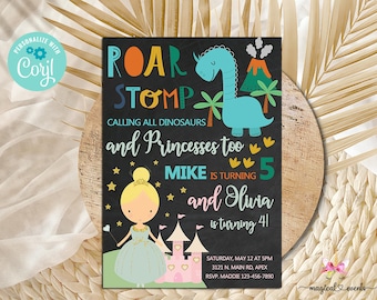 Siblings princess and dinosaur birthday invitation, boy girl brother sister, digital printable, roar stomp, calling all princesses, corjl.