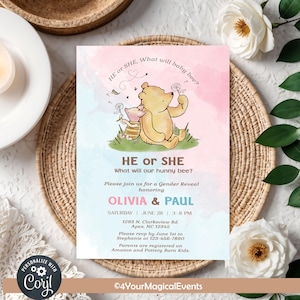 Winnie the Pooh gender reveal invitation, he or she what will our hunny bee, WINNIE THE POOH bear gender reveal, corjl digital printable.