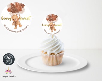 Brown bear boy baby shower cupcake toppers, baby shower favors, favor, digital printable, customized topper, brown bear balloons beary sweet