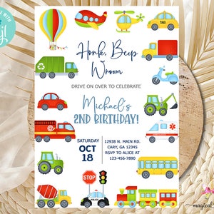 boy transportation birthday invitation, transport, vehicles, cars trucks train plane helicopter hot air balloon, digital printable, corjl.