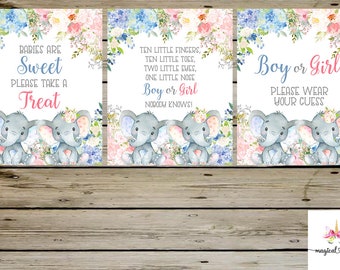 Elefant Geschlecht offenbaren Zeichen Bündel, blaue und rosa Blumen mit Elefanten Geschlecht offenbaren Zeichen, Baby Elefant Zeichen Paket digital bedruckbar
