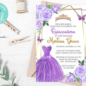 Sweet 16, Quinceañera invitation, purple roses gold frame, butterflies, purple quinceañera, sweet 16, digital printable corjl editable.