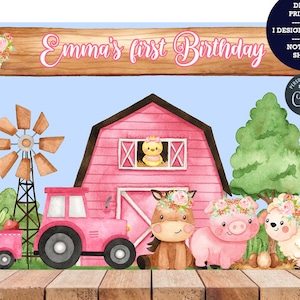 May include: A digital printable backdrop for a first birthday party with a pink barn, a tractor, a windmill, a horse, a pig, and a sheep. The text "Emma's first Birthday" is on a wooden sign.