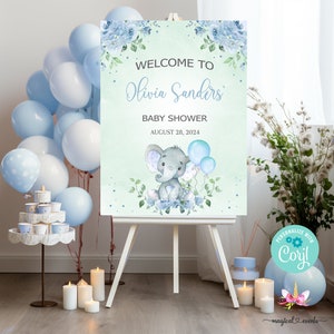 18x24 blue elephant baby shower welcome sign, boy elephant baby shower, elephant corjl editable welcome sign, elephant balloons flowers blue