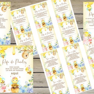 Puede incluir: Un conjunto de tarjetas de juego de baby shower imprimibles con un lindo tema de abejas. Las tarjetas están decoradas con abejas, flores y panales. El texto en las tarjetas dice "Rifa de Pañales", que se traduce como "Rifa de pañales".