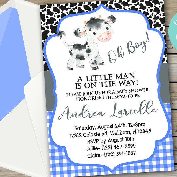 Cow oh boy baby shower invitation, boy cow baby shower invite, blue plaids, digital printable, a little man is on the way, corjl editable.