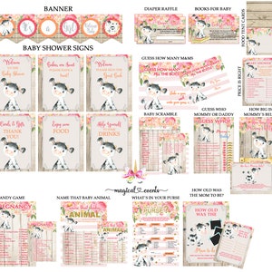 Pacchetto di cartelli e carte per giochi di mucca per baby shower, pacchetto di cartelli e carte per giochi di mucca per ragazze, fondo in legno di fiori di mucca, pacchetto per doccia per neonati di mucca.
