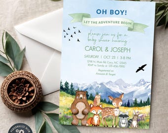 May include: A baby shower invitation with the text "OH BOY!" and "LET THE ADVENTURE BEGIN". The invitation features watercolor illustrations of woodland animals, mountains, and the names Carol & Joseph. Includes RSVP information.