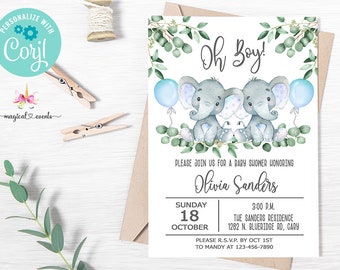 Può includere: Un invito a una festa di benvenuto per un bambino con uno schema di colori blu e verde. L'invito presenta due elefanti grigi che tengono un palloncino blu e il testo "Oh Boy!" L'invito include anche il testo "Si prega di unirsi a noi per una festa di benvenuto per il bambino in onore di Olivia Sanders" e la data e l'ora della festa.