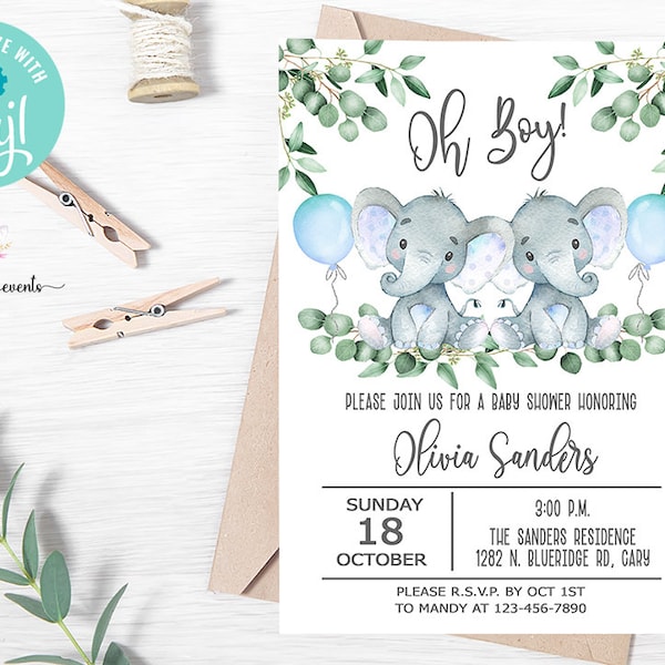 Elephants twins baby shower invitation, twin boys invite, eucalyptus blue balloons, digital printable, corjl editable, elephants balloons.