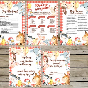 Farm baby shower games bundle, red farm games package, boy or girl baby shower games pack, digital printable instant download, farm animals.