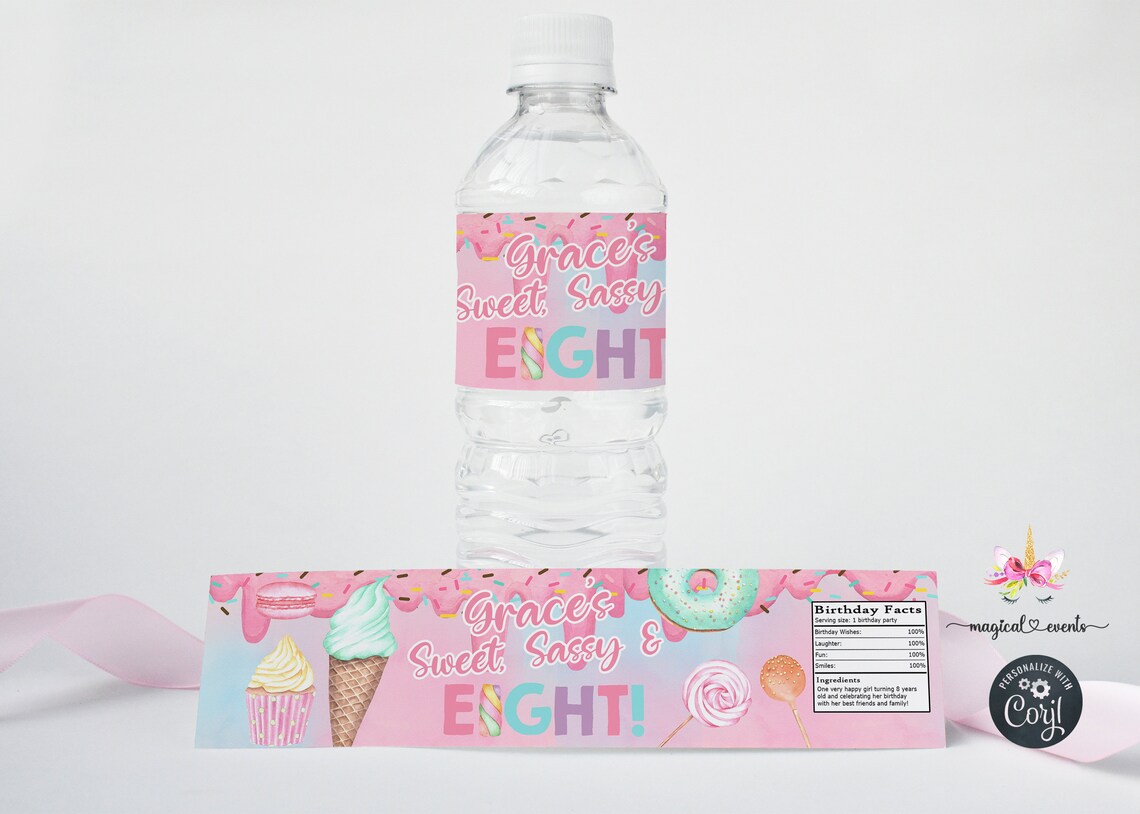Sweet Sassy & Eight Birthday Water Bottle Labels, Girl Birthday Favors ...