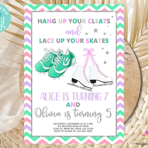 Siblings cleats & ice skates birthday invitation, combined birthday invite, digital printable, ice skating and soccer, corjl editable.