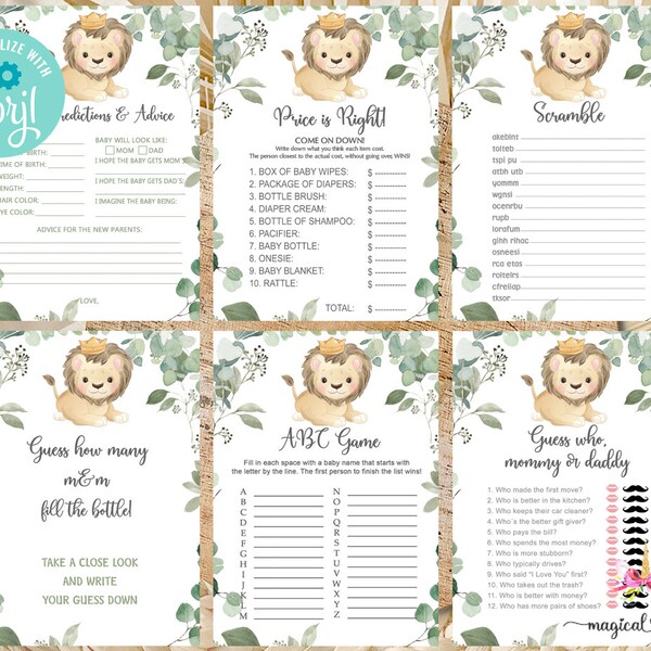 Lion King or Prince baby shower games bundle, boy baby shower games, lion games package, boy baby shower, games, games pack, games bundle.