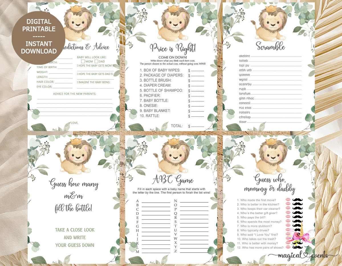 König der Löwen oder Prinz Babypartyspiele bündeln, Babypartyspiele für Jungen, Löwenspielepaket, Babyparty für Jungen, Spiele, Spielepaket, Spielepaket.