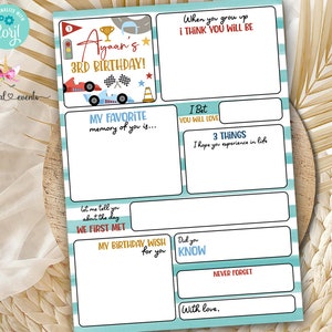 Cartão de mensagem da cápsula do tempo do aniversário do menino dos carros de corrida, impressão digital corjl, eu design você imprime, cápsula do tempo do menino dos carros de corrida personalizados QUALQUER IDADE