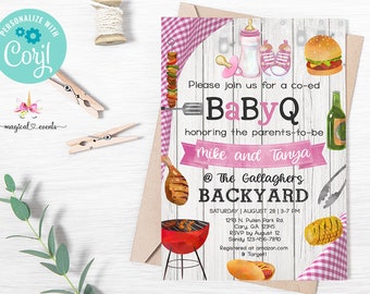 BABY-Q babyshowerinbjudan, babyshowerinbjudan för grillflicka, digitalt utskrivbar corjl, babyshower för blandad grillning, BaByQ i trädgården.