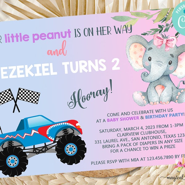 Siblings combined baby shower and birthday invitation, elephant baby shower, monster truck birthday, digital printable, corjl invitation.