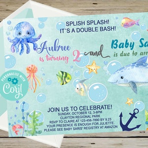 Siblings combined baby shower and birthday invitation, sea ocean life baby shower and birthday, digital printable, corjl combined invitation
