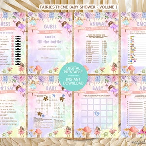 Fairies Girl baby shower games bundle, girl fairy baby shower games, games package, girl fairy baby shower games pack, pink purple fairies.