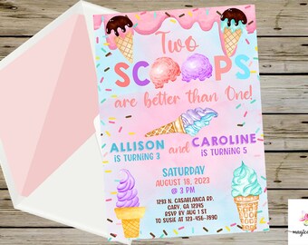 Here's the scoop ice cream birthday invitation, birthday invite corjl digital printable, ice cream two scoops siblings invitation, sprinkles