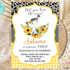 Kuh & Sonnenblumen GeburtstagSeinladung, have you heard the moos, turning TWO, Girl Second Birthday Einladung, digital druckbare corjl editierbar.