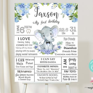 Boy blue elephant & flowers birthday chalkboard, milestones birthday sign, birthday poster, baby elephant blue flowers, digital printable.