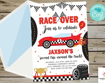 Invitación de cumpleaños para niño con auto de carreras, invitación de cumpleaños para niño, imprimible digital, auto de carreras rojo, carrera terminada, segundo viaje alrededor de la pista, cualquier edad