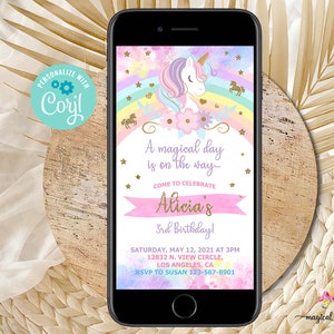 Unicorn girl birthday cell phone evite, Unicorn birthday phone invitation electronic invite, rainbow pastel gold, corjl digital printable