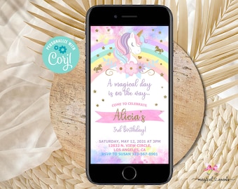 Unicorn girl birthday cell phone evite, Unicorn birthday phone invitation electronic invite, rainbow pastel gold, corjl digital printable