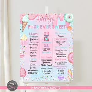 May include: Avery's Four Ever Sweet birthday sign with a pastel color scheme. The sign includes the child's weight of 29 pounds and height of 38 inches. It also lists favorite things like foods, songs, and colors, with decorative elements.