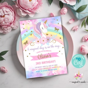 Unicorn and rainbow birthday invitation, girl birthday party invite, digital printable corjl editable, rainbow unicorn  flowers gold glitter