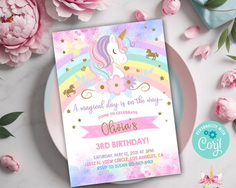 Unicorn and rainbow birthday invitation, girl birthday party invite, digital printable corjl editable, rainbow unicorn  flowers gold glitter