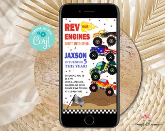 Monster trucks boy birthday cell phone invite, monster truck boy phone invitation, electronic invite, monster trucks corjl digital printable